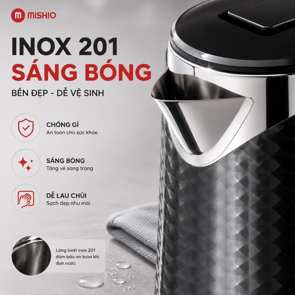 Bình đun siêu tốc Mishio MK403 / MK461 dung tích 1.8L vỏ nhựa cách nhiệt chống bỏng