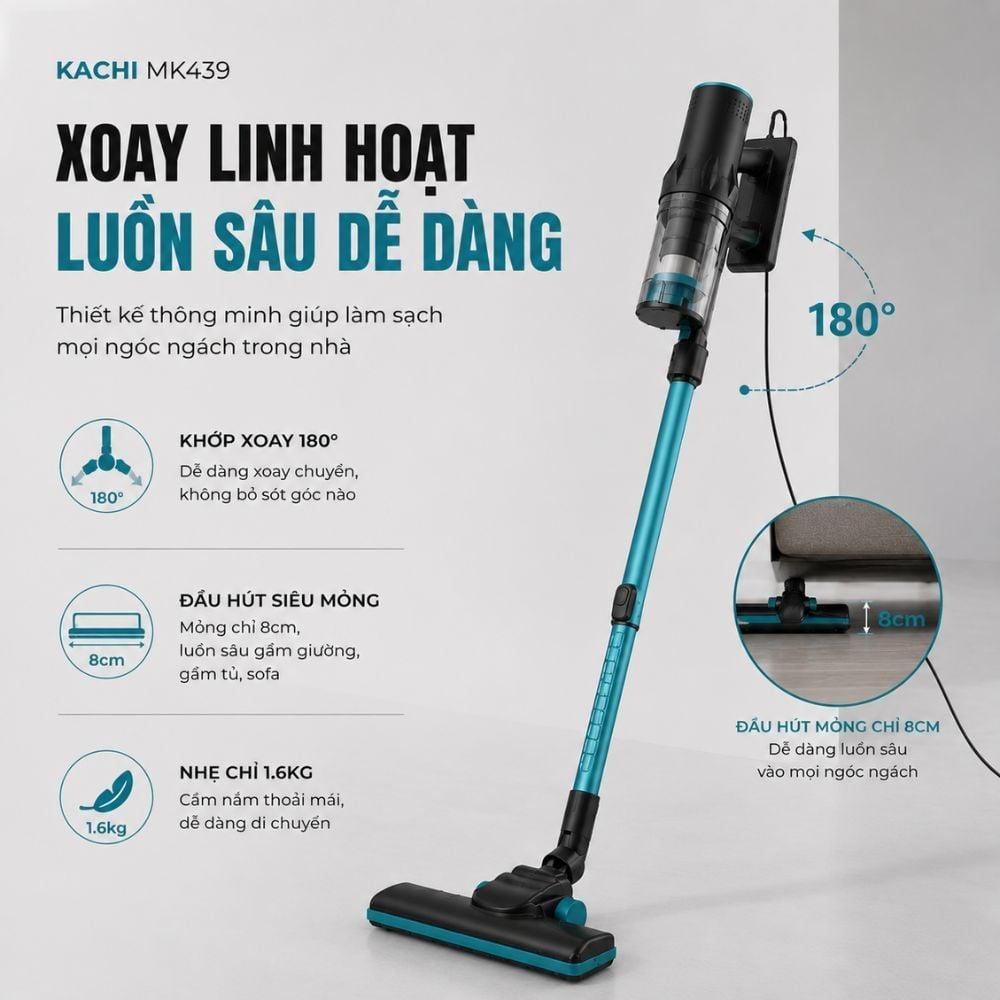 Máy Hút Bụi Cầm Tay Kachi MK439 – Lực Hút Mạnh 15.000Pa, Gọn Nhẹ, Hiệu Quả Tối Ưu