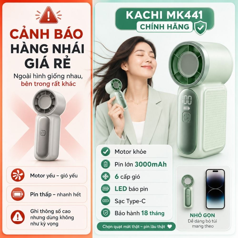 Quạt Cầm Tay Mini Kachi MK441 - Pin Khủng 3000mAh, Màn Hình LED Hiển Thị, 6 Cấp Độ Gió (Bảo Hành 18 Tháng)