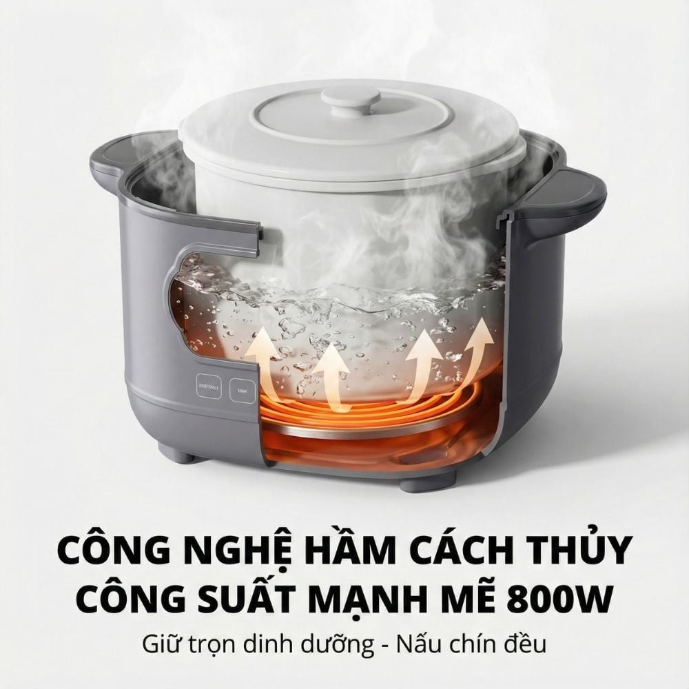 Nồi nấu chậm lòng sứ 3L Mishio MK397 kèm xửng hấp và 4 thố sứ tiện lợi không lo cháy khét hay bong tróc chống dính