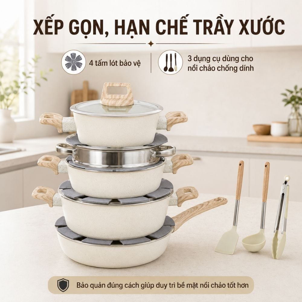 Bộ Nồi Chảo Chống Dính 21 Món Mishio MK469 – Trắng Kem Thanh Lịch, An Toàn Chuẩn FDA