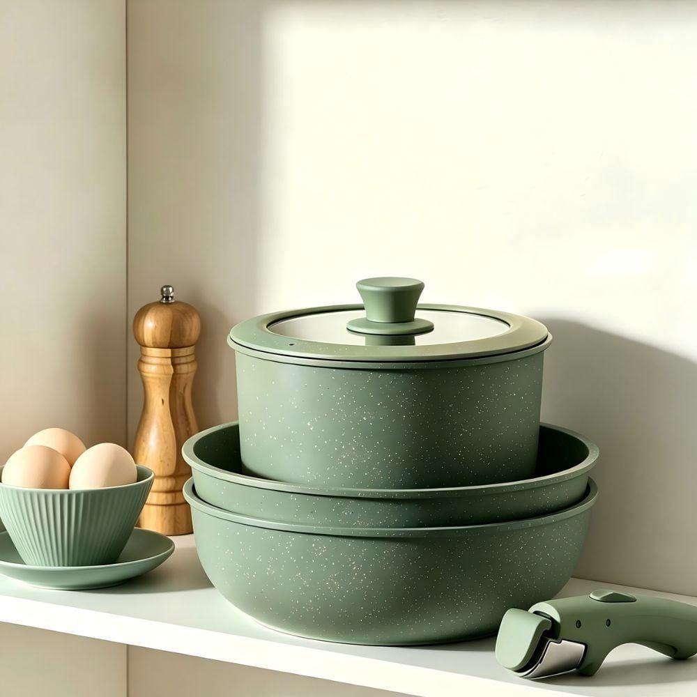 Bộ Nồi Chảo Đá Gốm Chống Dính Mishio 15 Món (5 Nồi Chảo) MK467- Tay Cầm Tháo Rời Thông Minh, Không Chứa PFAS/PTFE, Tương Thích Mọi Loại Bếp