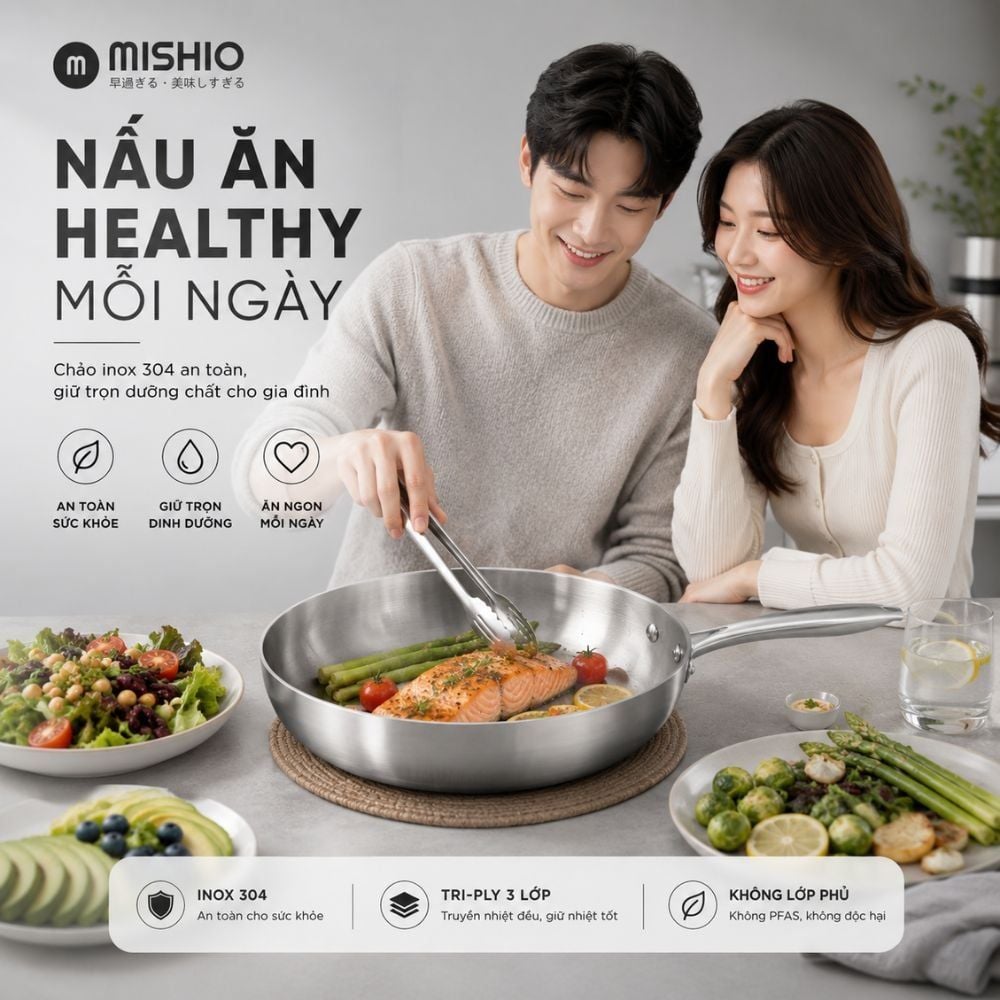 Chảo Inox đáy từ 3 Lớp Mishio (Size 22, 24, 26, 28, 30cm) MK433, MK434, MK435, MK436, MK437 – Đúc Nguyên Khối, Đáy Từ, An Toàn Vượt Trội