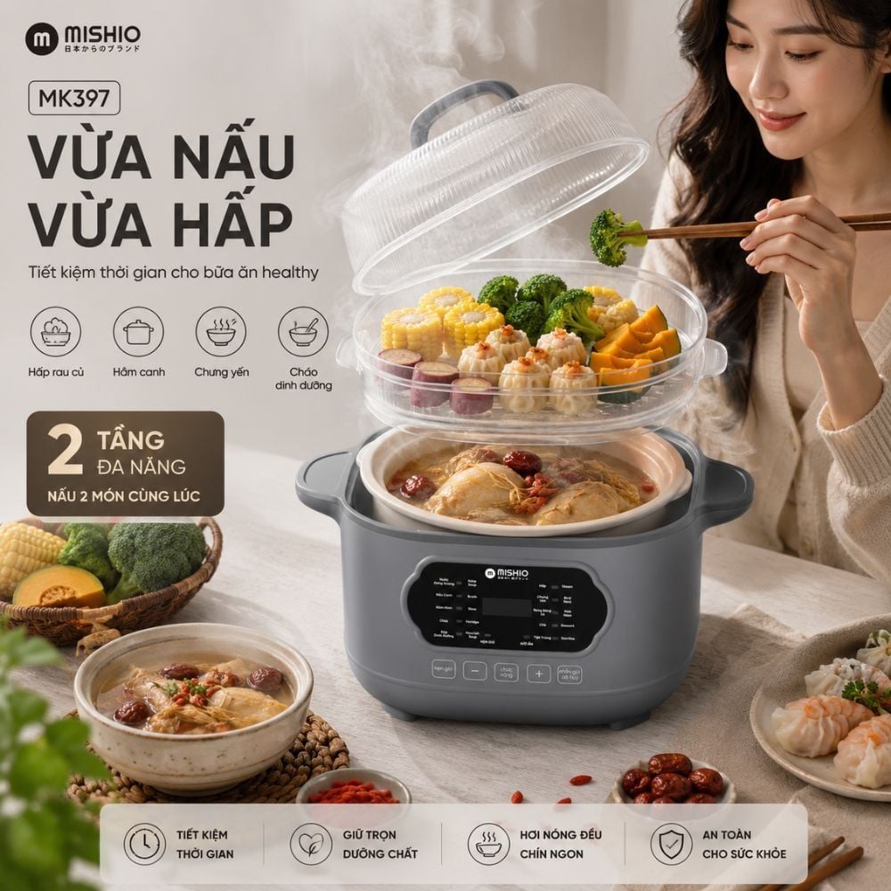 Nồi nấu chậm lòng sứ 3L Mishio MK397 kèm xửng hấp và 4 thố sứ tiện lợi không lo cháy khét hay bong tróc chống dính