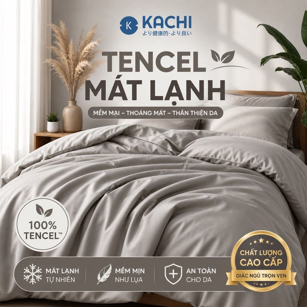 Bộ Drap Lụa Tencel 100% – Mát Lạnh, Mềm Mịn (Size 1m6/1m8 – Bọc Nệm Dày 20cm) MK445 Kachi