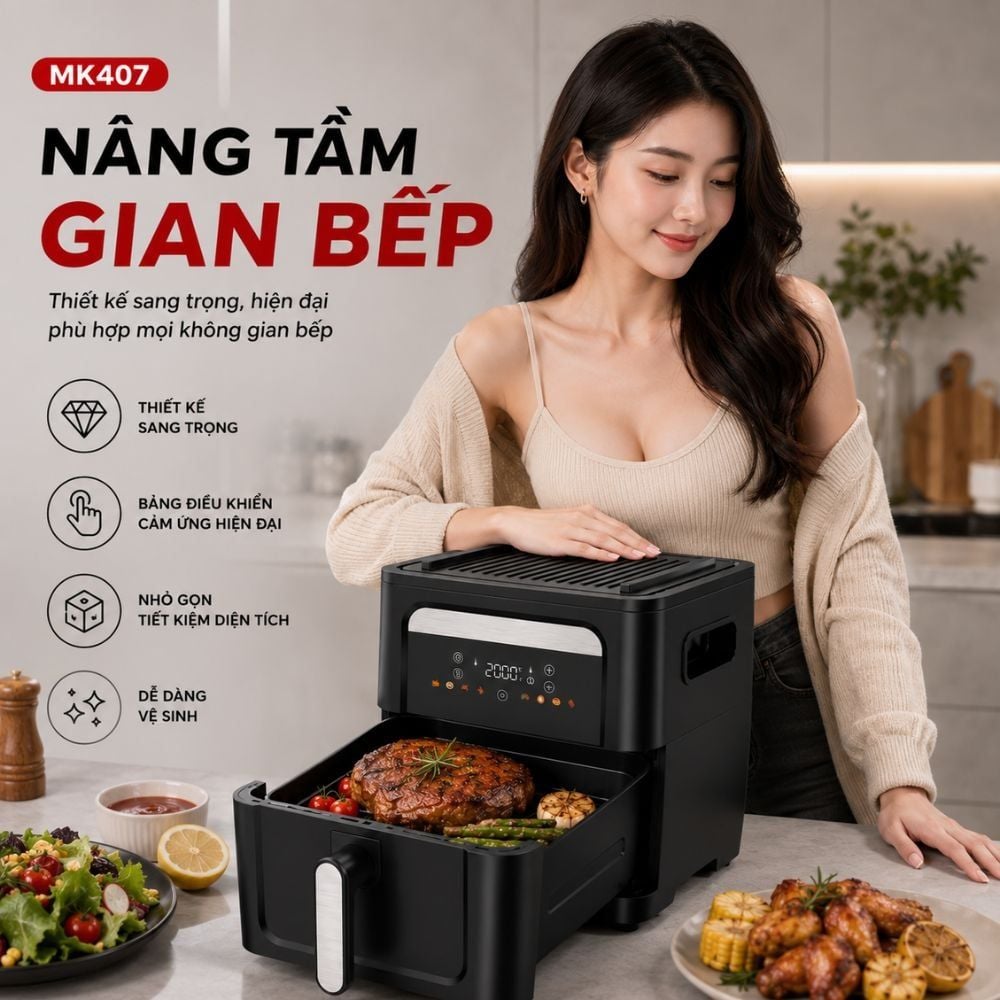 Nồi Chiên Không Dầu Kèm Vỉ Nướng 2-in-1 Mishio MK407: Nâng Tầm Món Ngon, Tiện Lợi Vượt Trội