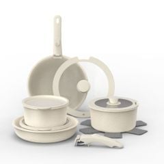 Bộ Nồi Chảo Đá Gốm Chống Dính Mishio 15 Món (5 Nồi Chảo) MK467- Tay Cầm Tháo Rời Thông Minh, Không Chứa PFAS/PTFE, Tương Thích Mọi Loại Bếp