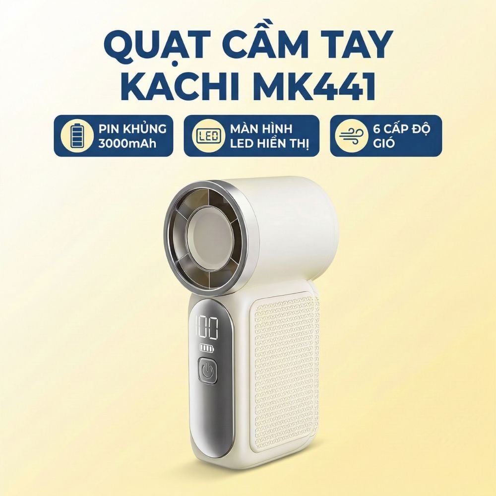 Quạt Cầm Tay Mini Kachi MK441 - Pin Khủng 3000mAh, Màn Hình LED Hiển Thị, 6 Cấp Độ Gió (Bảo Hành 18 Tháng)