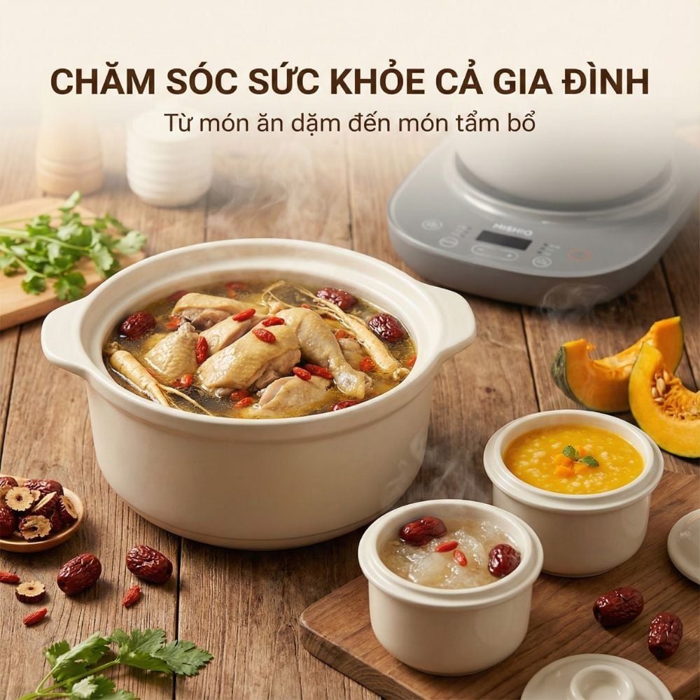 Nồi nấu chậm lòng sứ 3L Mishio MK397 kèm xửng hấp và 4 thố sứ tiện lợi không lo cháy khét hay bong tróc chống dính