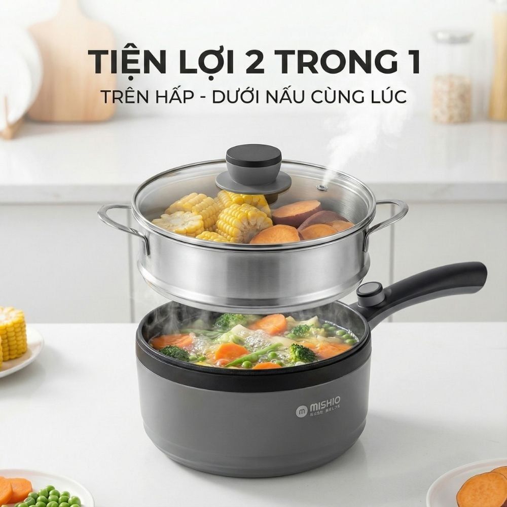 Nồi nấu đa năng Mishio MK321 |  Dung tích 1.5L kèm xửng hấp inox 304
