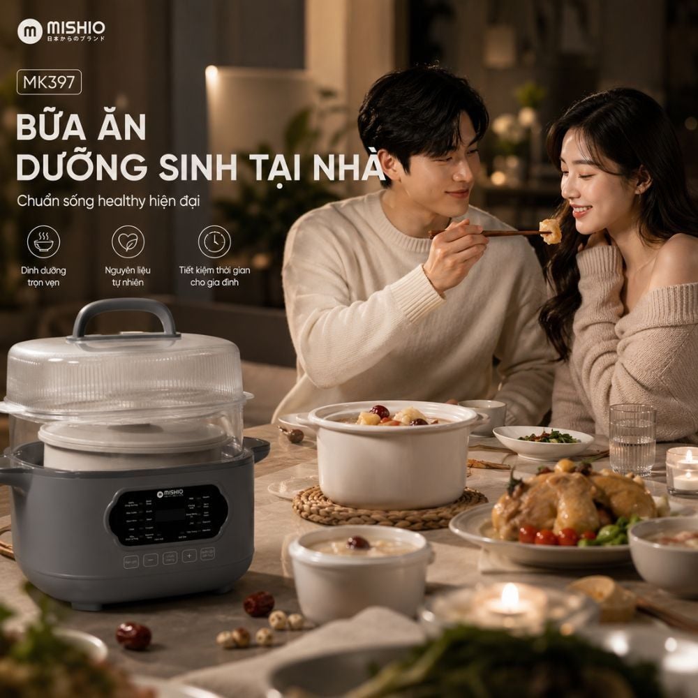 Nồi nấu chậm lòng sứ 3L Mishio MK397 kèm xửng hấp và 4 thố sứ tiện lợi không lo cháy khét hay bong tróc chống dính