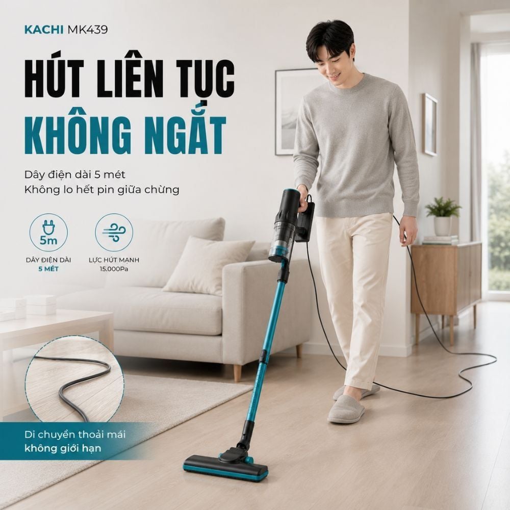 Máy Hút Bụi Cầm Tay Kachi MK439 – Lực Hút Mạnh 15.000Pa, Gọn Nhẹ, Hiệu Quả Tối Ưu