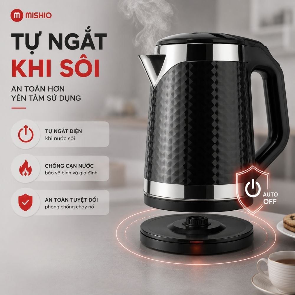 Bình đun siêu tốc Mishio MK403 / MK461 dung tích 1.8L vỏ nhựa cách nhiệt chống bỏng