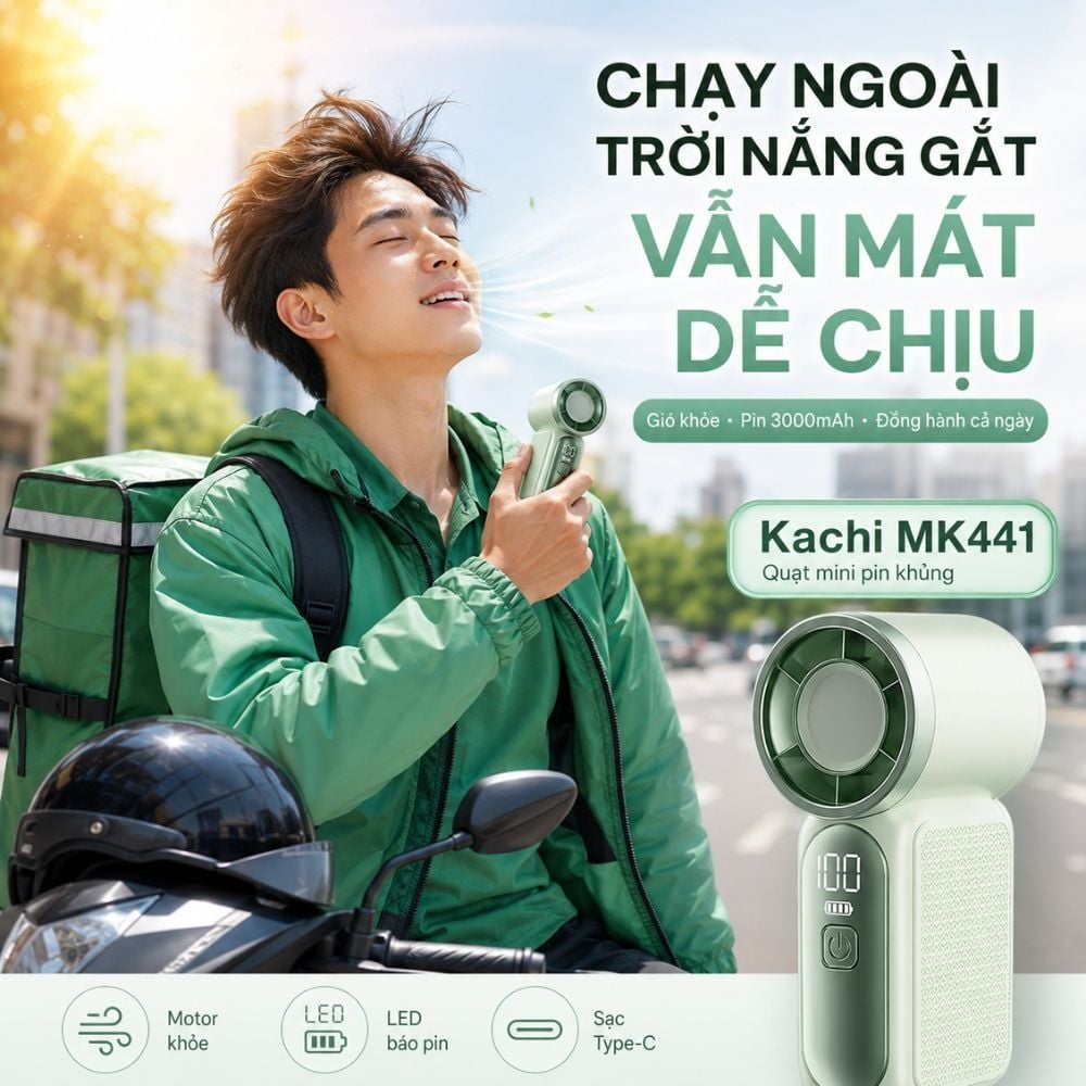 Quạt Cầm Tay Mini Kachi MK441 - Pin Khủng 3000mAh, Màn Hình LED Hiển Thị, 6 Cấp Độ Gió (Bảo Hành 18 Tháng)