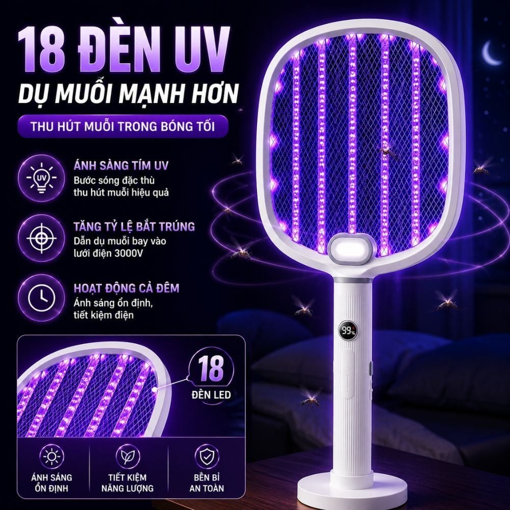 Vợt Bắt Muỗi Tự Động Kachi MK462 – Tích Hợp Đèn Bắt Muỗi, Màn Hình LED Thông Minh
