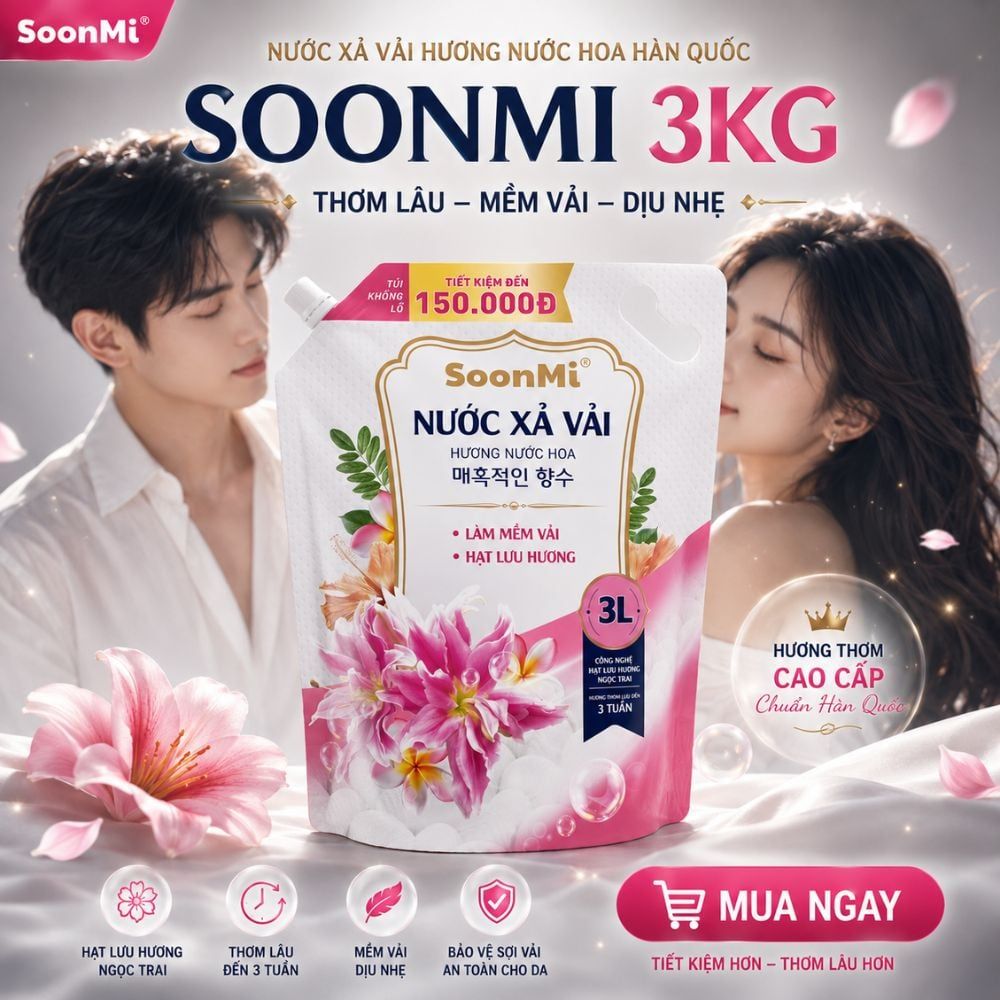 Nước Xả Soonmi 3kg: Bí Quyết Quần Áo Mềm Mại, Ngát Hương Suốt 3 Tuần MK