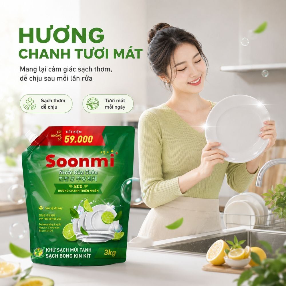 Nước Rửa Chén Soonmi Hương Chanh 1.2kg & 3kg - Sạch Bong Kin Kít, An Toàn Da Tay MK
