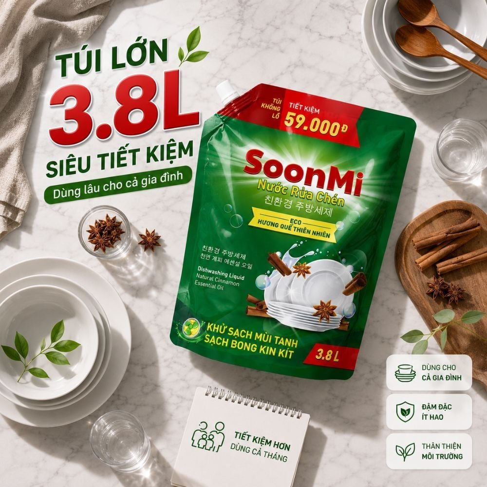 Hình ảnh chi tiết: Nước rửa chén hương Quế Soonmi túi lớn 4KG – Dung tích 3.8L MK