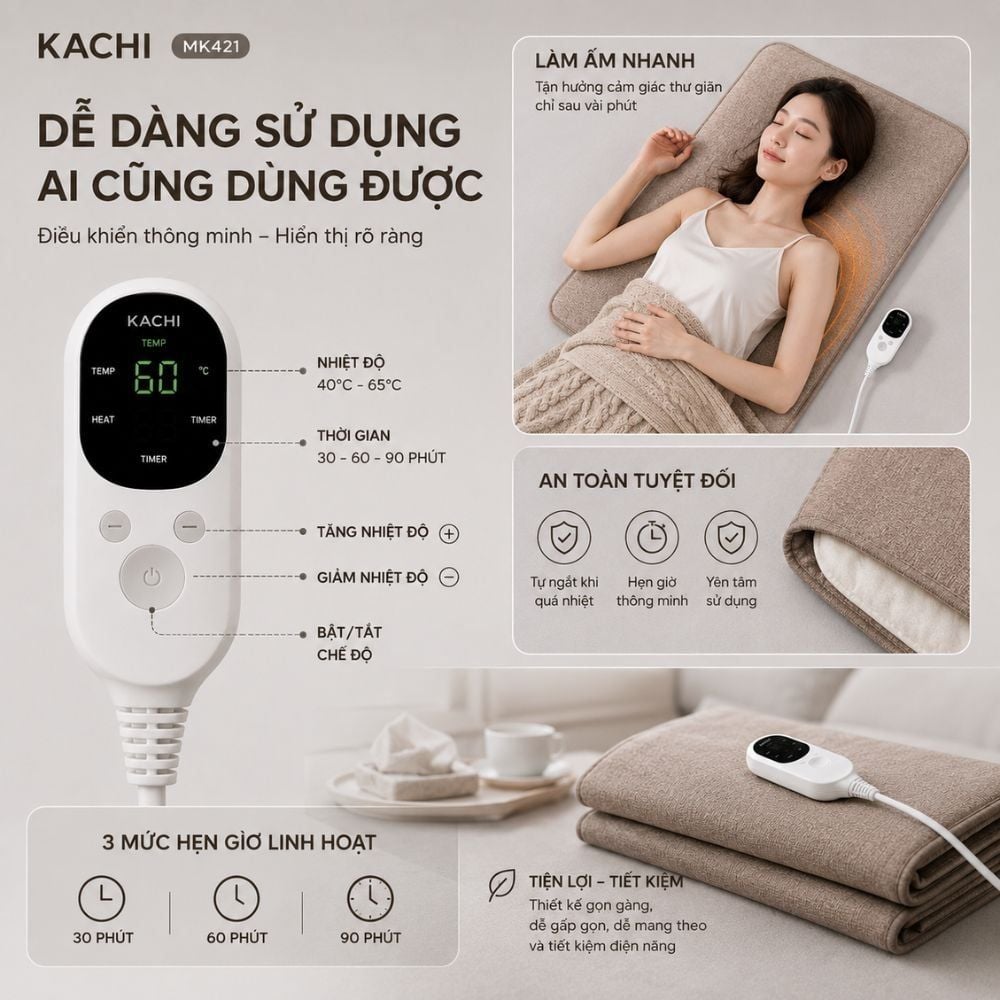 Thảm Chườm Nóng Ngải Cứu Đông Y Kachi MK421 - Giảm Đau Lưng, Vai Gáy Nhanh Chóng Tại Nhà