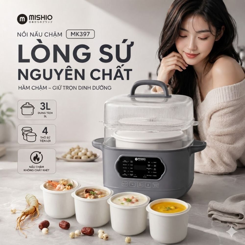 Nồi nấu chậm lòng sứ 3L Mishio MK397 kèm xửng hấp và 4 thố sứ tiện lợi không lo cháy khét hay bong tróc chống dính