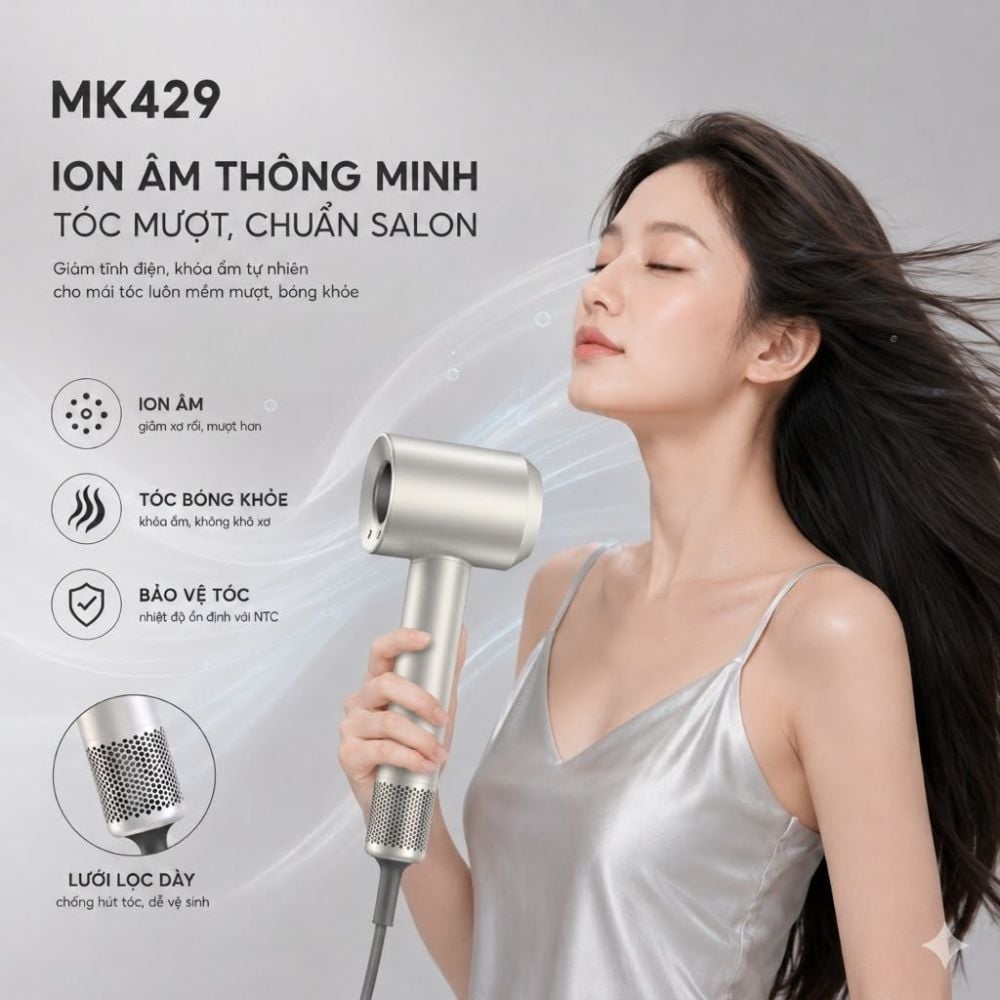 Máy Sấy Tóc Tốc Độ Cao Kachi ION (110.000 vòng/phút) - Sấy Nhanh, Chăm Sóc Tóc Ion Âm, Kiểm Soát Nhiệt NTC