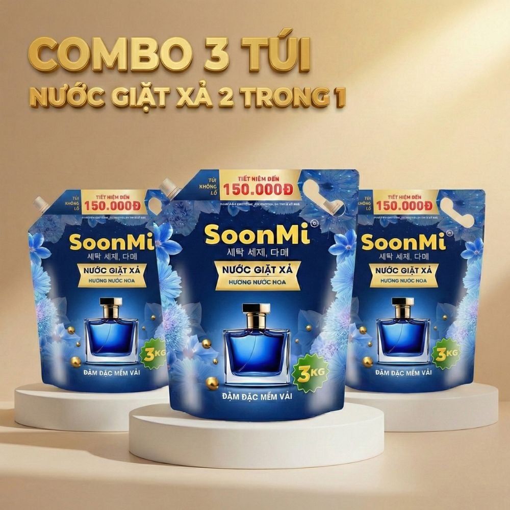 Nước Giặt Xả 2 Trong 1 Soonmi 3kg Đậm Đặc - Công Nghệ Hạt Lưu Hương Ngọc Trai Lên Tới 3 Tuần MK