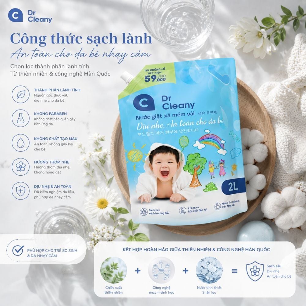 Nước Giặt Cho Bé Dr. Cleany 2kg - Dịu Nhẹ, An Toàn Cho Da Nhạy Cảm | Công Nghệ Hàn Quốc MK