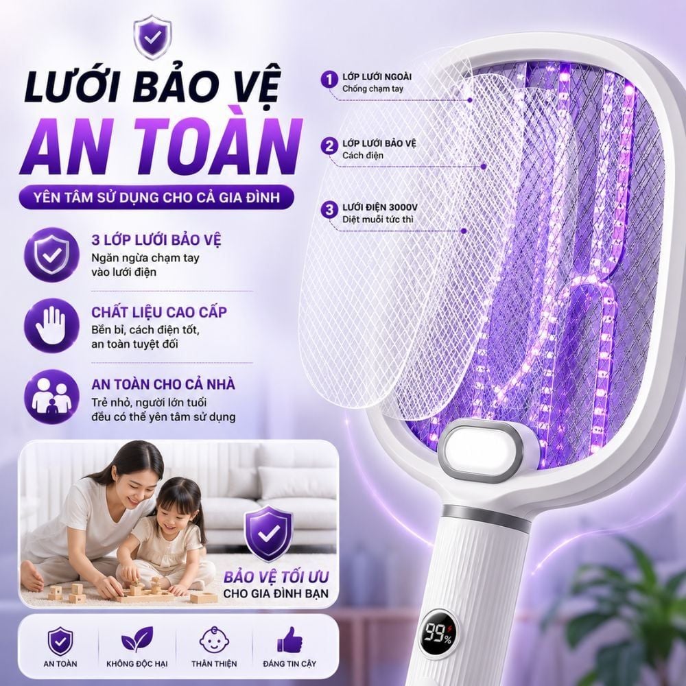 Vợt Bắt Muỗi Tự Động Kachi MK462 – Tích Hợp Đèn Bắt Muỗi, Màn Hình LED Thông Minh
