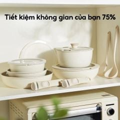 Bộ Nồi Chảo Đá Gốm Chống Dính Mishio 15 Món (5 Nồi Chảo) - Tay Cầm Tháo Rời Thông Minh, Không Chứa PFAS/PTFE, Tương Thích Mọi Loại Bếp MK