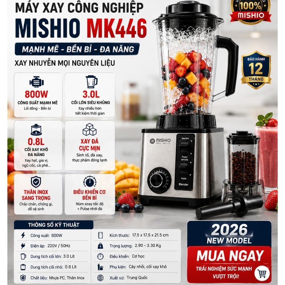 Máy Xay Sinh Tố Công Nghiệp Đa Năng Mishio MK446 (3.0L) - Công Suất 800W