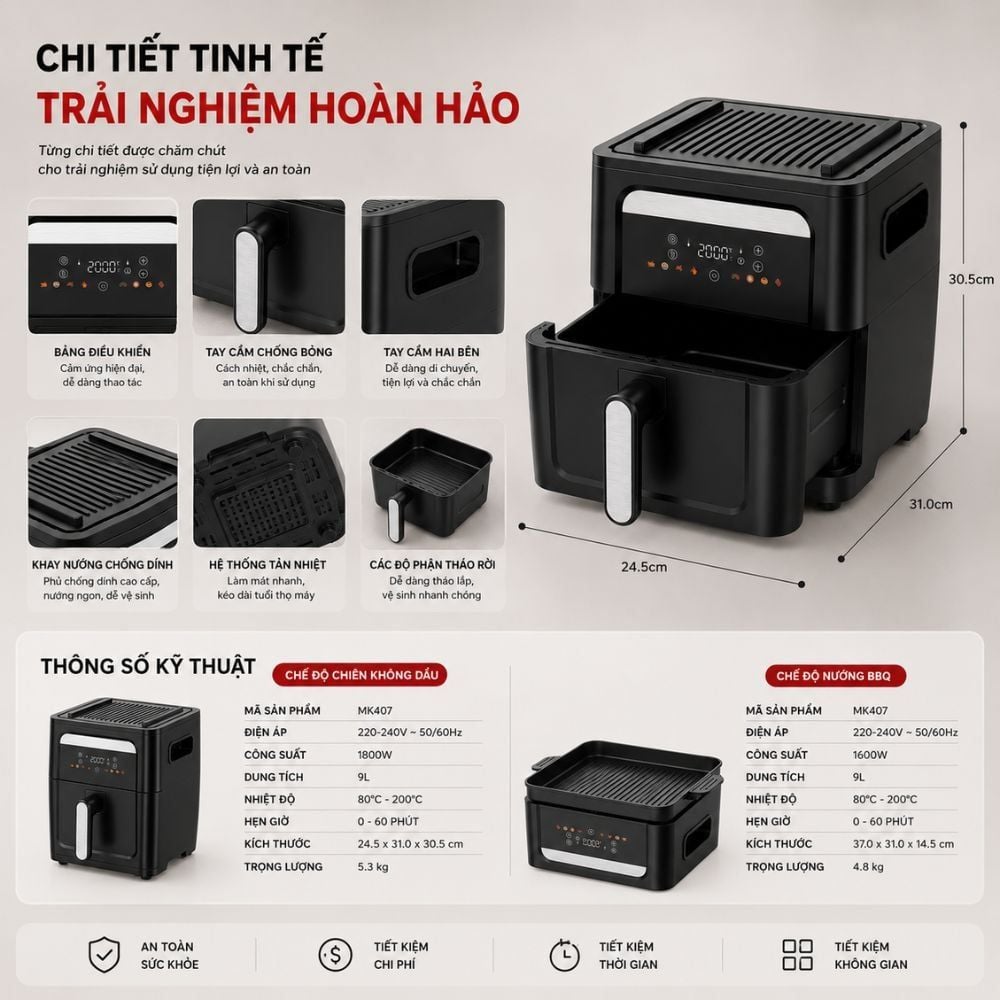 Nồi Chiên Không Dầu Kèm Vỉ Nướng 2-in-1 Mishio MK407: Nâng Tầm Món Ngon, Tiện Lợi Vượt Trội