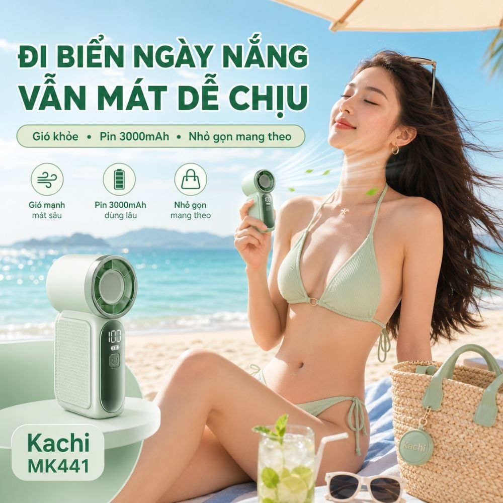 Quạt Cầm Tay Mini Kachi MK441 - Pin Khủng 3000mAh, Màn Hình LED Hiển Thị, 6 Cấp Độ Gió (Bảo Hành 18 Tháng)