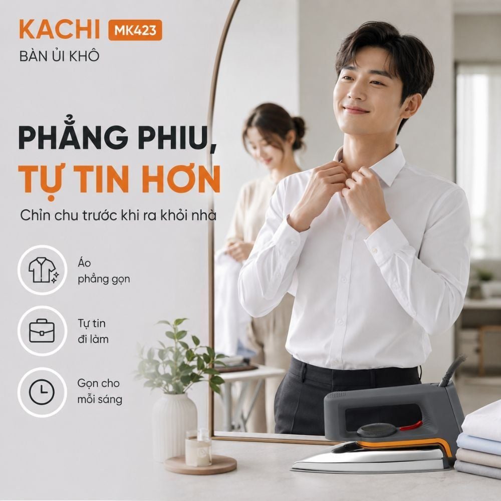 Bàn ủi khô Kachi MK423 1000W - Là phẳng mọi nếp nhăn, an toàn cho mọi loại vải
