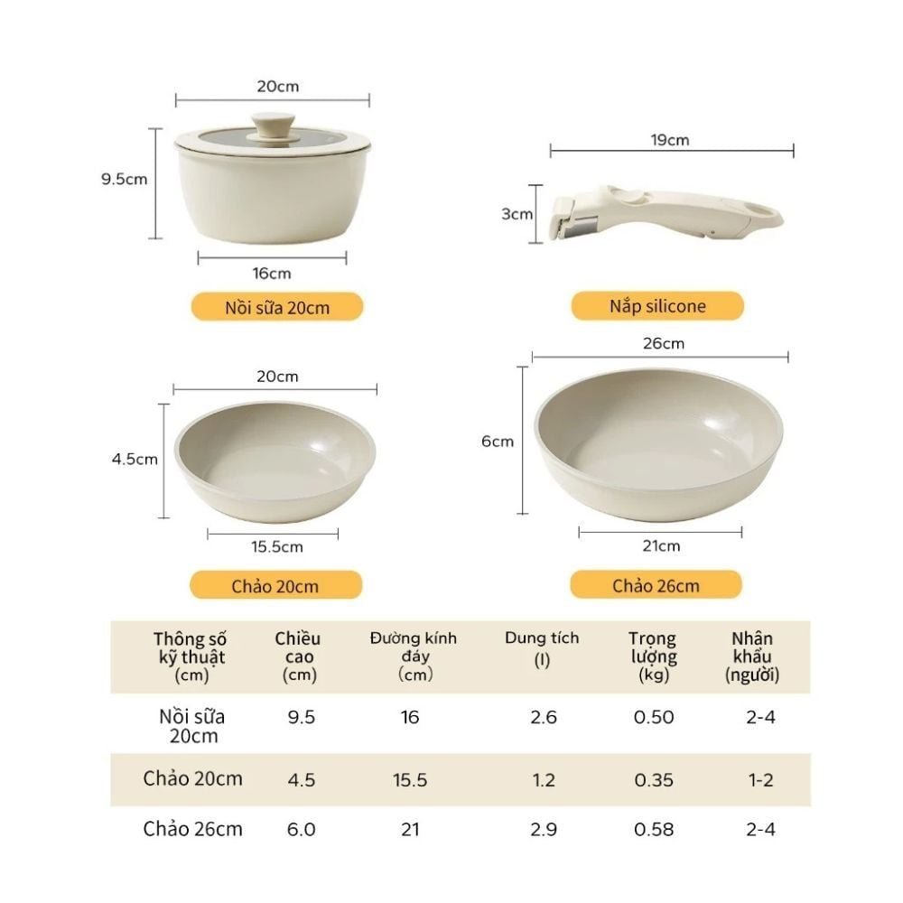 Bộ 3 Nồi Chảo Đá Gốm Chống Dính Mishio 5 Món - Tay Cầm Tháo Rời, Không Chứa PFAS/PTFE/PFOA, Dùng Mọi Loại Bếp MK
