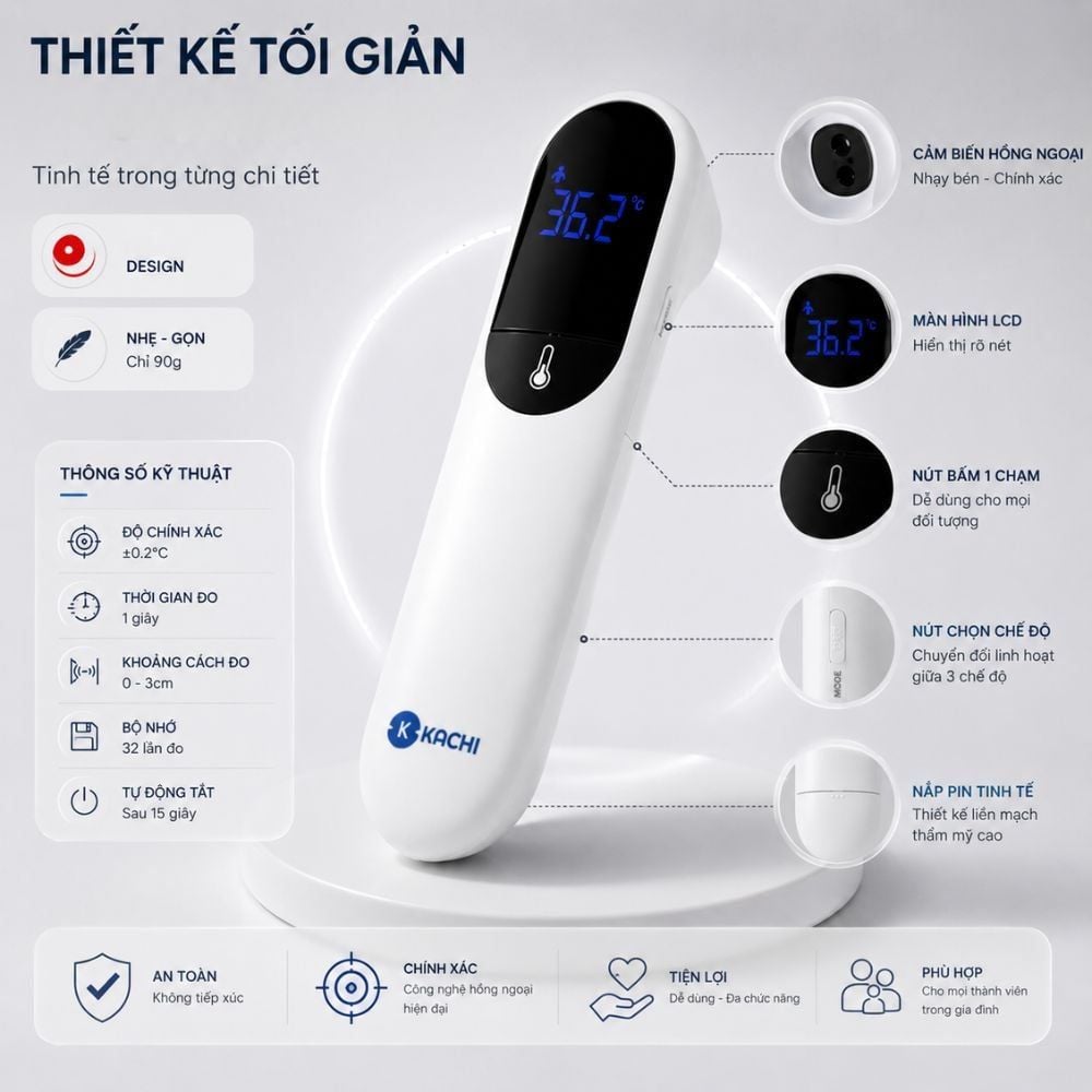Máy Đo Nhiệt Kế Kachi JXB-315 MK | Đo nhiệt độ cơ thể, nhiệt độ phòng, nhiệt độ bề mặt đồ vật
