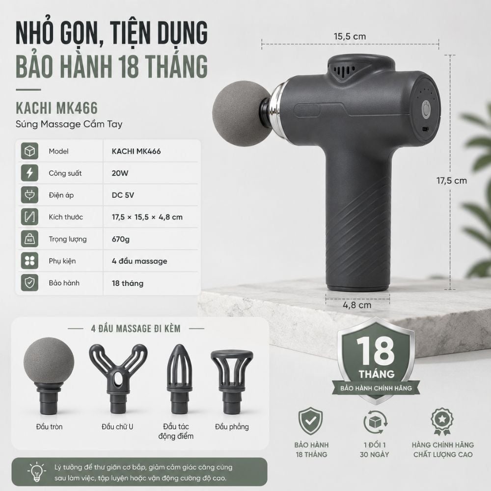 Súng Massage Cầm Tay KACHI MK466 Công Suất 20W - 4 Đầu Massage Giảm Đau Cơ Sâu