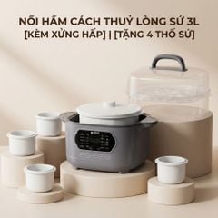 Nồi nấu chậm lòng sứ 3L Mishio MK397 kèm xửng hấp và 4 thố sứ tiện lợi không lo cháy khét hay bong tróc chống dính