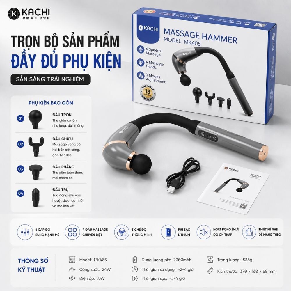 Gậy Massage Kachi MK405 – Súng Massage Cầm Tay Có Tay Nối Dài, Thư Giãn Sâu Từng Nhóm Cơ