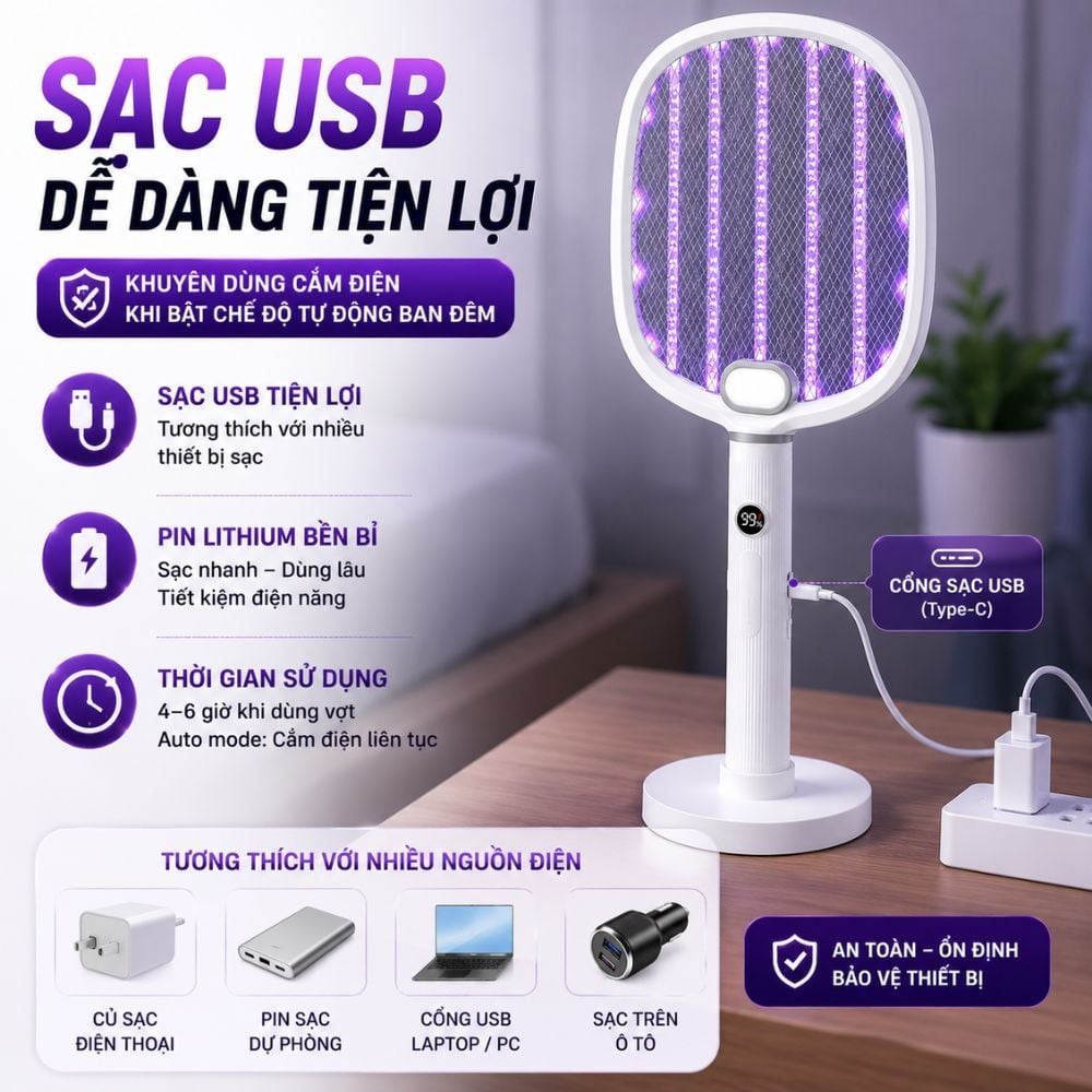 Vợt Bắt Muỗi Tự Động Kachi MK462 – Tích Hợp Đèn Bắt Muỗi, Màn Hình LED Thông Minh
