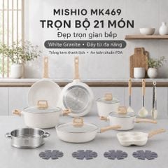 Bộ Nồi Chảo Chống Dính 21 Món Mishio MK469 – Trắng Kem Thanh Lịch, An Toàn Chuẩn FDA