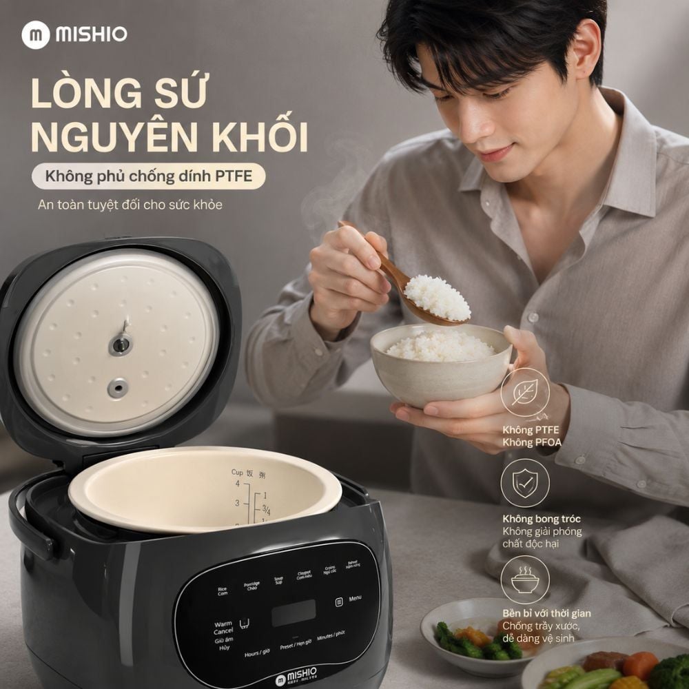 Nồi cơm điện lòng sứ dưỡng sinh 1.2L Mishio MK381
