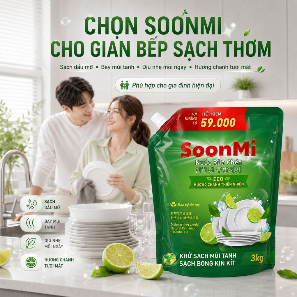 Nước Rửa Chén Soonmi Hương Chanh 1.2kg & 3kg - Sạch Bong Kin Kít, An Toàn Da Tay MK