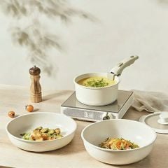 Bộ Nồi Chảo Đá Gốm Chống Dính Mishio 15 Món (5 Nồi Chảo) - Tay Cầm Tháo Rời Thông Minh, Không Chứa PFAS/PTFE, Tương Thích Mọi Loại Bếp MK