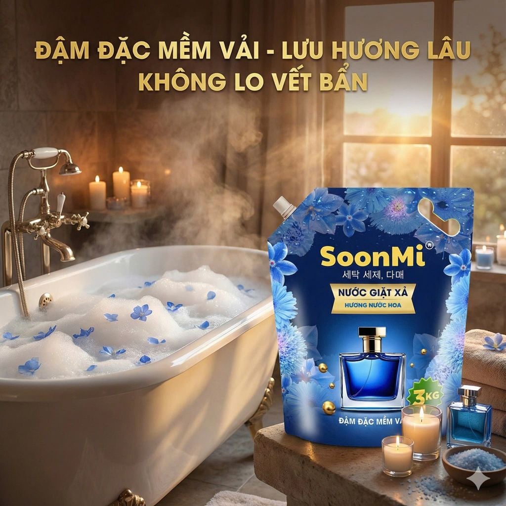 Nước Giặt Xả 2 Trong 1 Soonmi 3kg Đậm Đặc - Công Nghệ Hạt Lưu Hương Ngọc Trai Lên Tới 3 Tuần MK