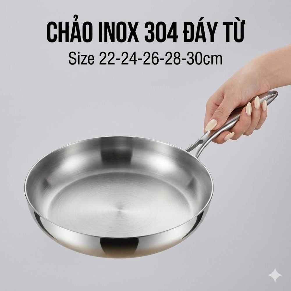 Chảo Inox đáy từ 3 Lớp Mishio (Size 22, 24, 26, 28, 30cm) MK433, MK434, MK435, MK436, MK437 – Đúc Nguyên Khối, Đáy Từ, An Toàn Vượt Trội