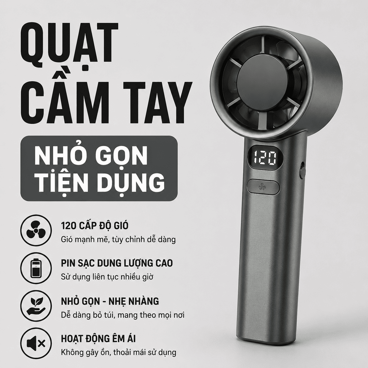 Quạt Cầm Tay Kachi MK442 – 120 Cấp Độ Gió Tuabin, Màn Hình LED Hiển Thị Pin, Bảo Hành 18 Tháng