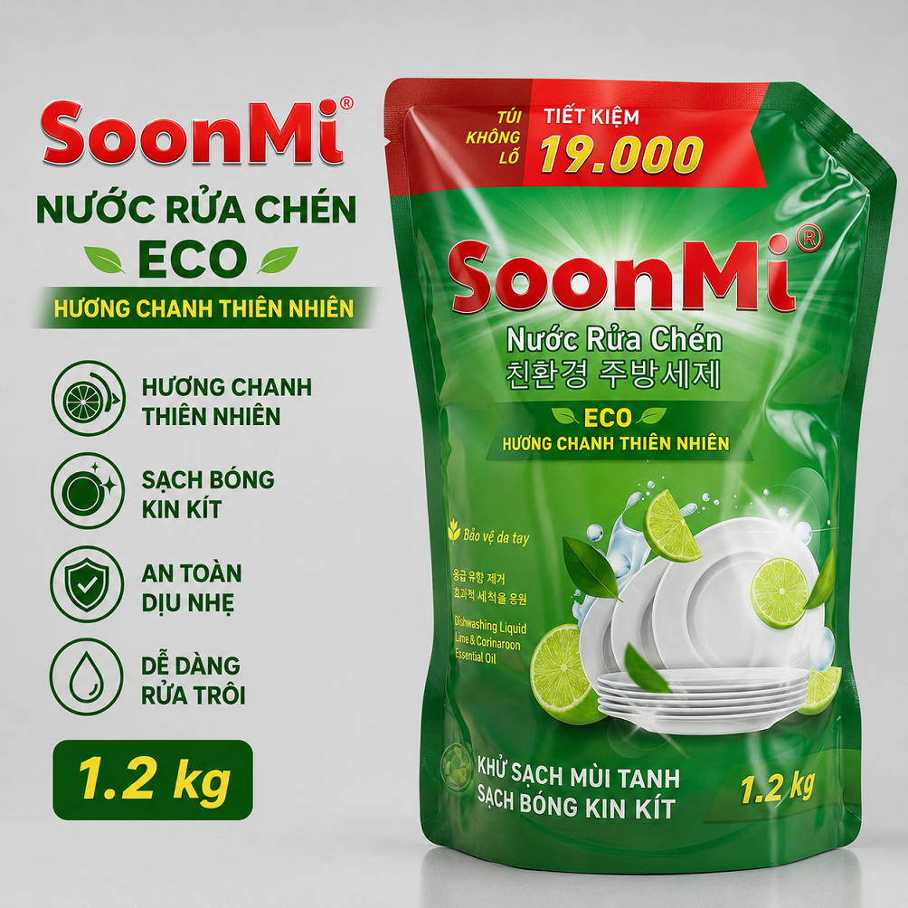 Nước Rửa Chén Soonmi Hương Chanh 1.2kg & 3kg - Sạch Bong Kin Kít, An Toàn Da Tay MK