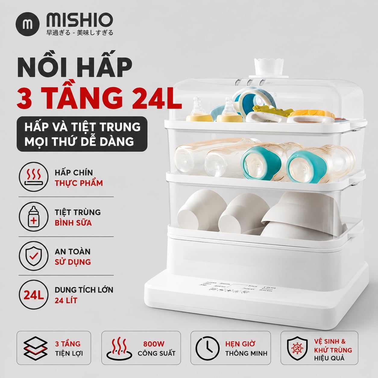 Nồi hấp hơi nước 3 tầng 24L Mishio MK384 800W
