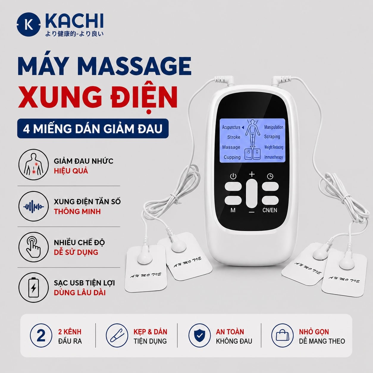Máy Massage Xung Điện 4 Miếng Dán, 15 Mức Cường Độ, 8 Chế Độ, Giảm Đau Nhức, Tăng Cường Tuần Hoàn Máu Kachi MK46