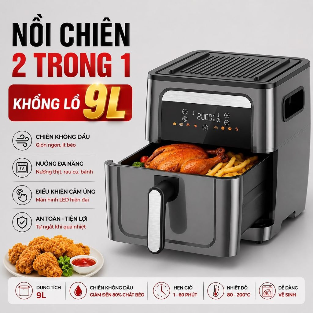 Nồi Chiên Không Dầu Kèm Vỉ Nướng 2-in-1 Mishio MK407: Nâng Tầm Món Ngon, Tiện Lợi Vượt Trội